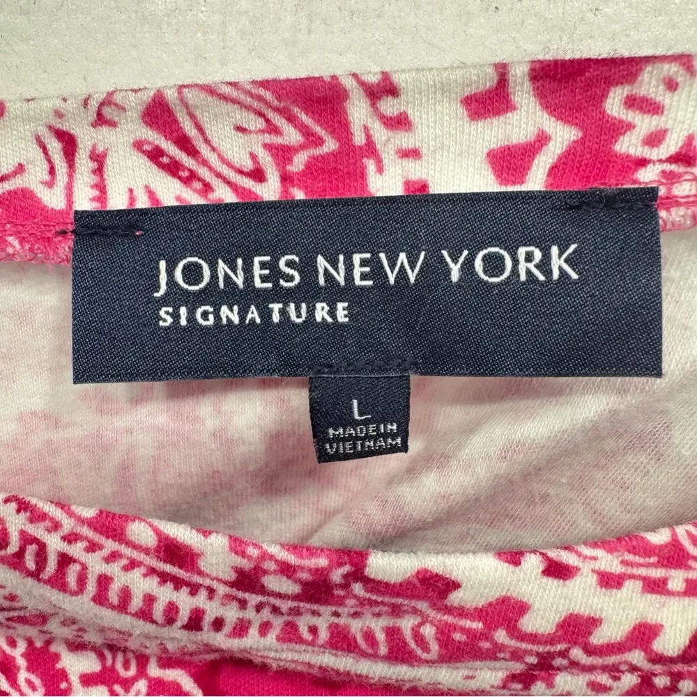 Jones New York Hot Pink & White Paisley 100% Cotton 3/4 Sleeve Waist Length Top - Image 5