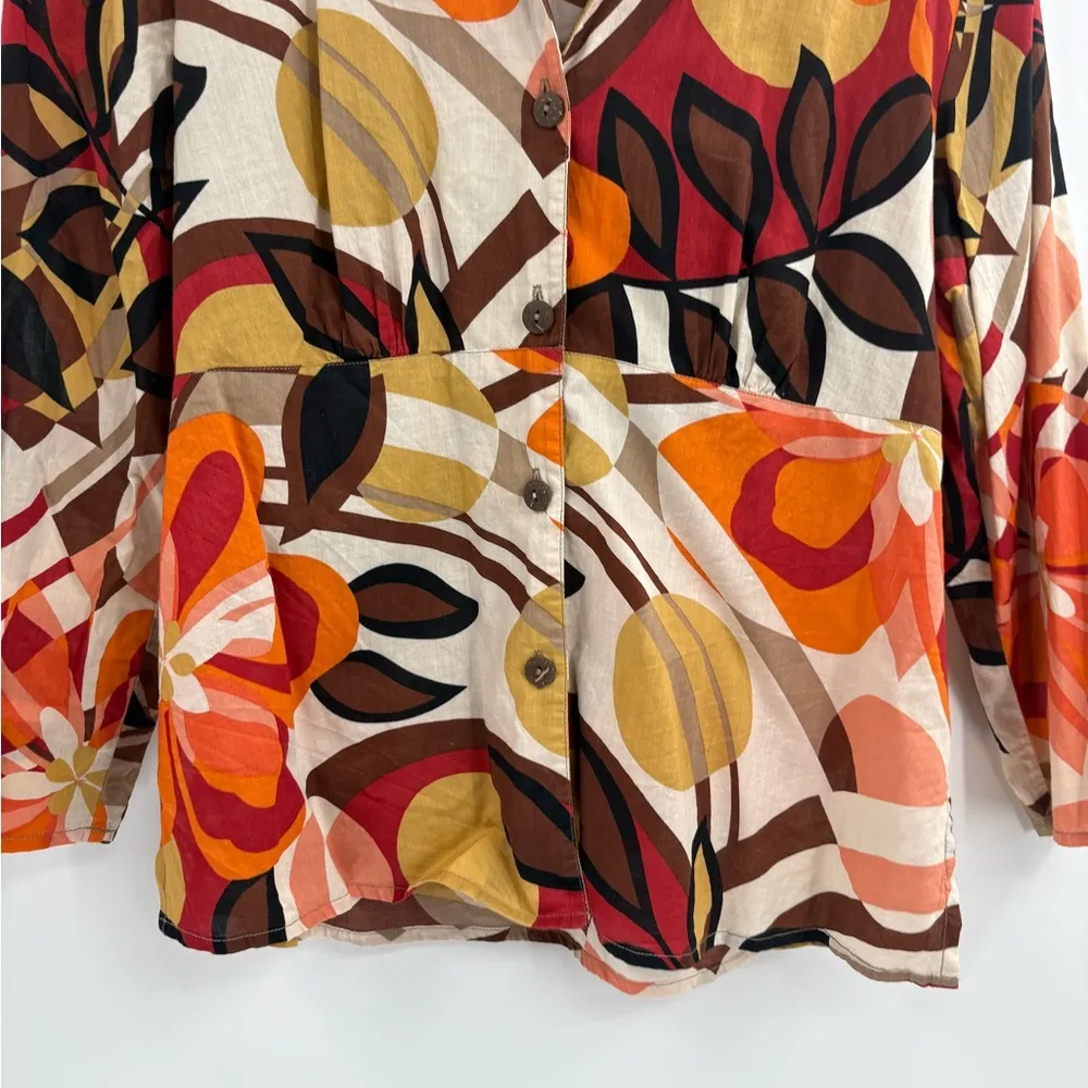 Orvis Vintage Retro 90s Y2K Floral Orange Yellow Button Up Blouse Size Small - Image 4