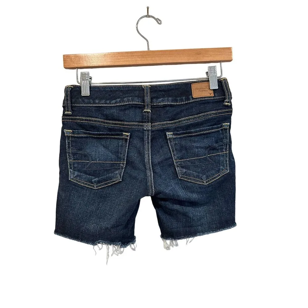 American Eagle Dark Wash Low Rise Raw Hem Cut Off Stretch Denim Jean Shorts 0 - Image 5