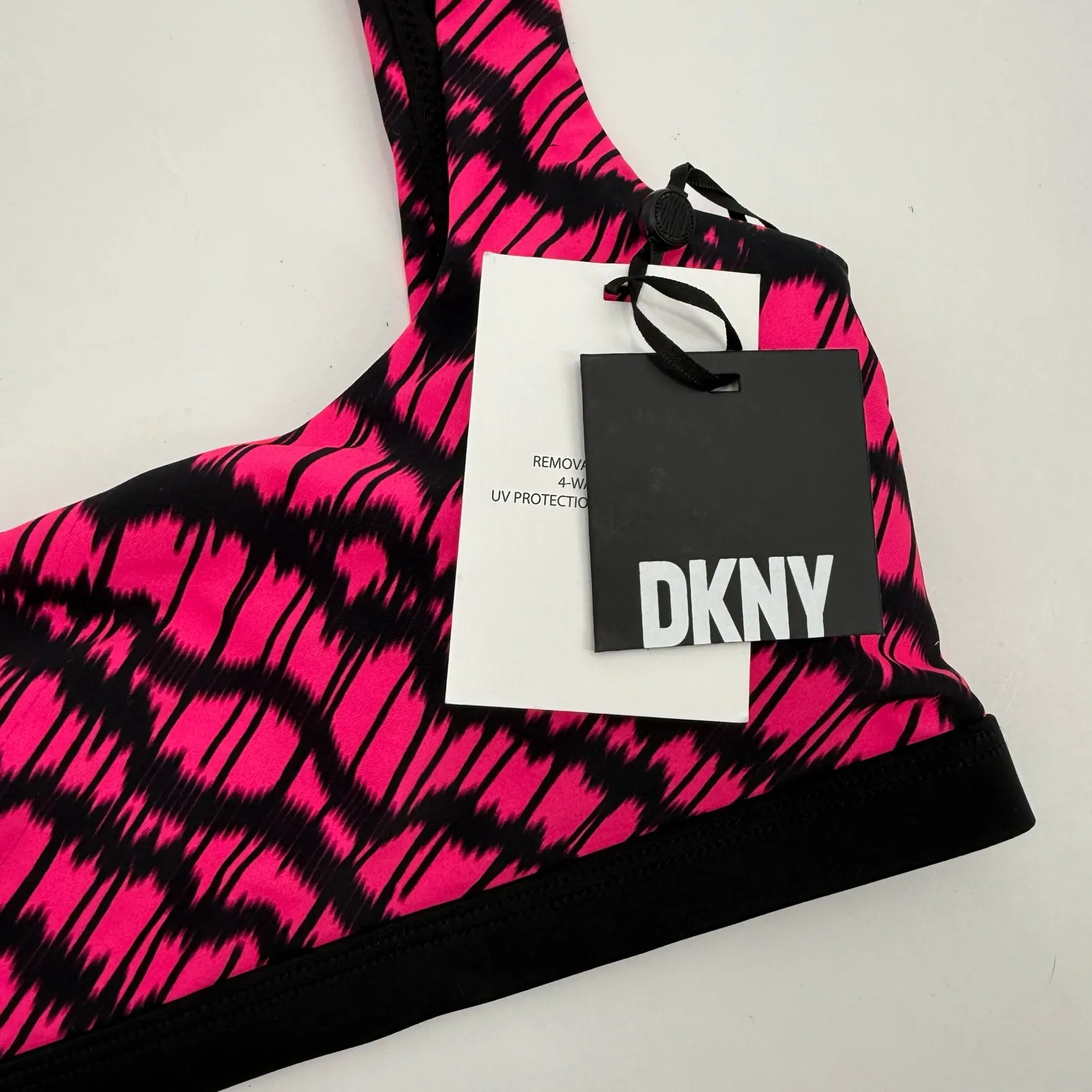 DKNY Bikini Top Size Medium NWT Printed Square Neck Hot Pink Black Swim Sporty - Image 5