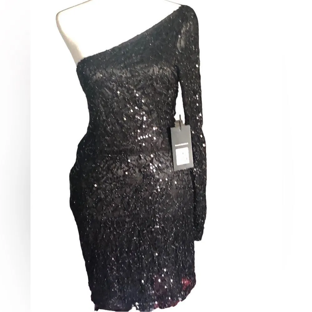 Love stitch sequin one sleeve little black dress size Xs/s Black - Image 2
