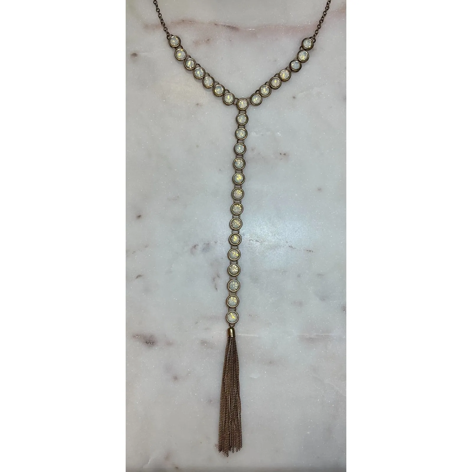 Gold Tone and Iridescent Gem Lariat Necklace - Image 3