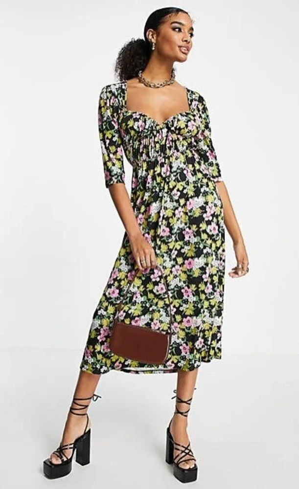 ASOS Multicolor Floral Sweetheart Neck Line Runched Midi Dress - Image 8