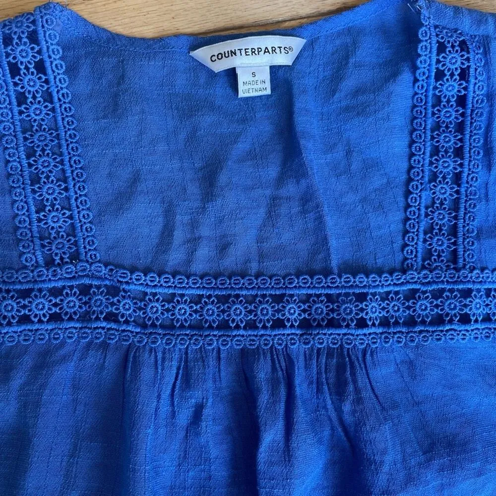 Counterparts Women's Square Neck Cottagecore Top Small Blue Eyelet Boho Peasant - Image 2