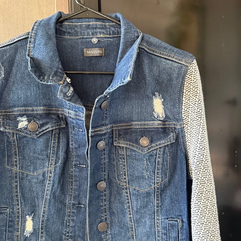 Massini  Distressed Denim Jacket with Textured Sleeves Size Medium - Image 3