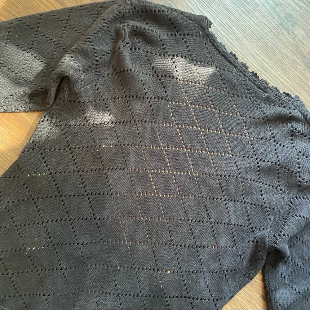 Vtg 90s Susan Bristol Black Sweater Cardigan Floral Bouquet Ribbon Sz Large - Image 9