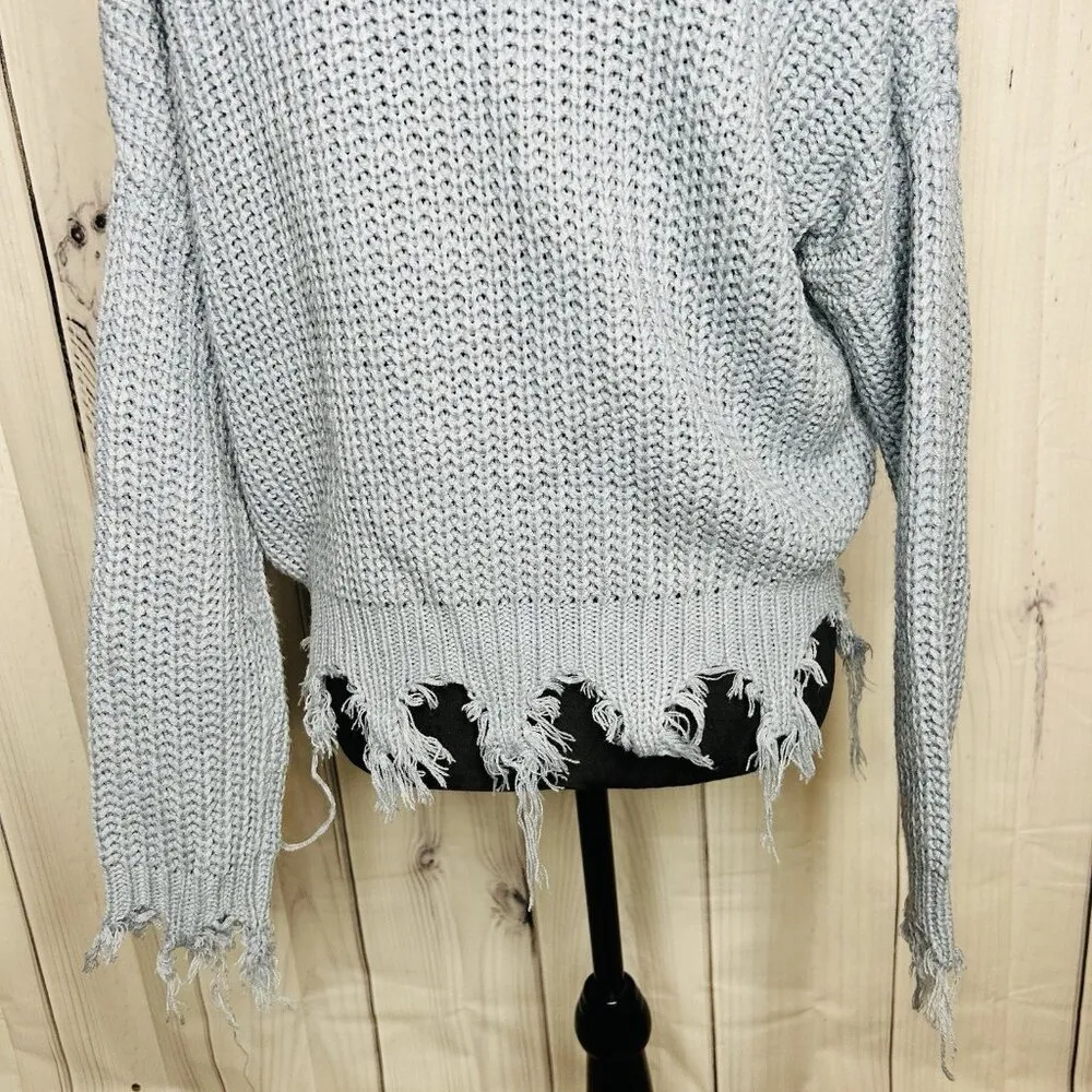 Love Tree Sz M Cable Knit Crop Slouchy Fit Blue Sweater Distressed Fringe - Image 9