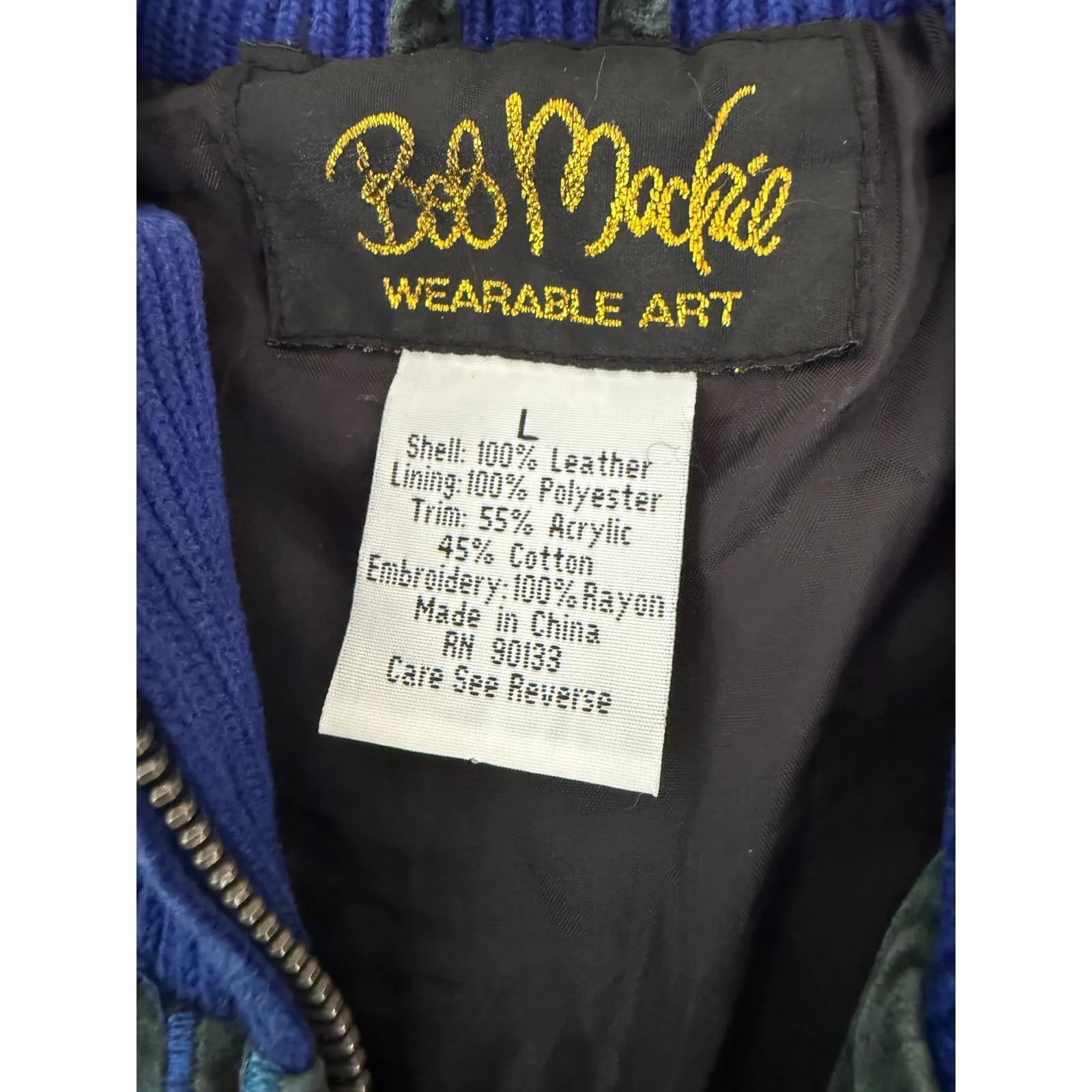 Bob Mackie Wearable Art Blue Ribbed Leather Suede Embroidered Jacket L - Image 3