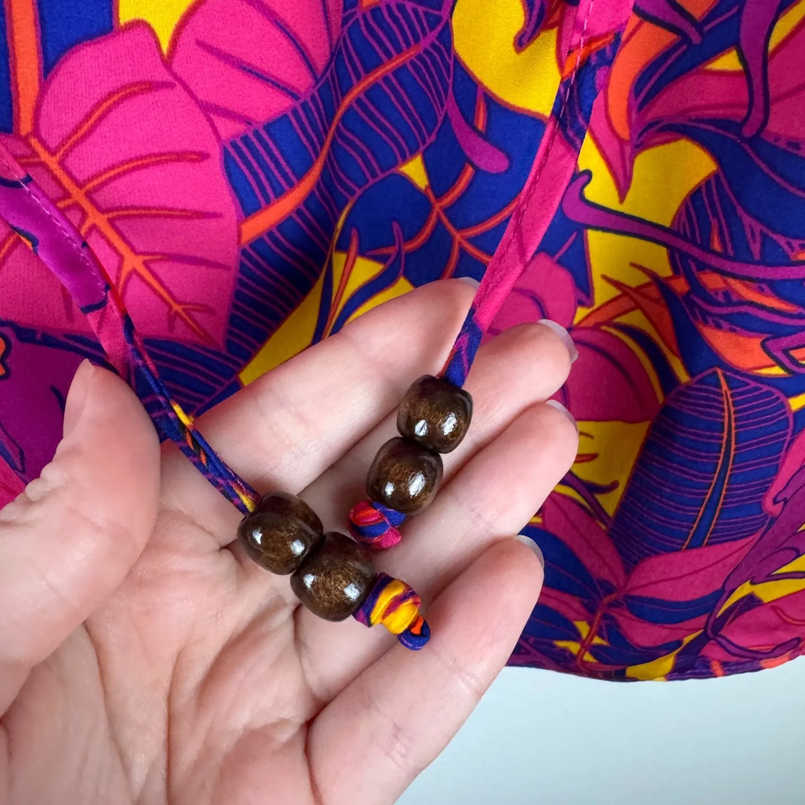 Rose+Olive Monkey Tropical Print Blouse Sz M Colorful Ruffle Beaded Tassel Boho - Image 2