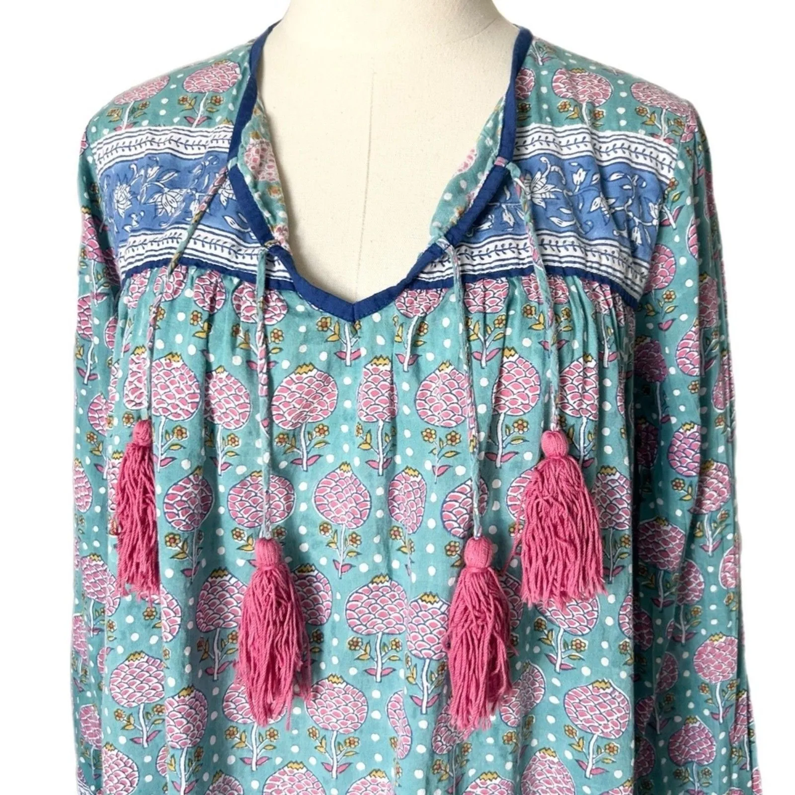 SZ Blockprints for J.Crew Leyla Mini Dress Tassels 100% Cotton Size Medium Blue - Image 3