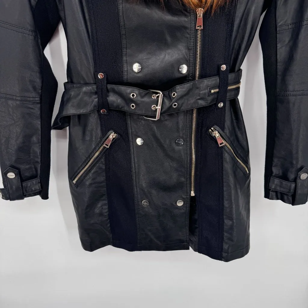 River Island Moto Jacket Womens 6 Black Faux Leather‎ Faux Fur Trim Belt Pockets - Image 3