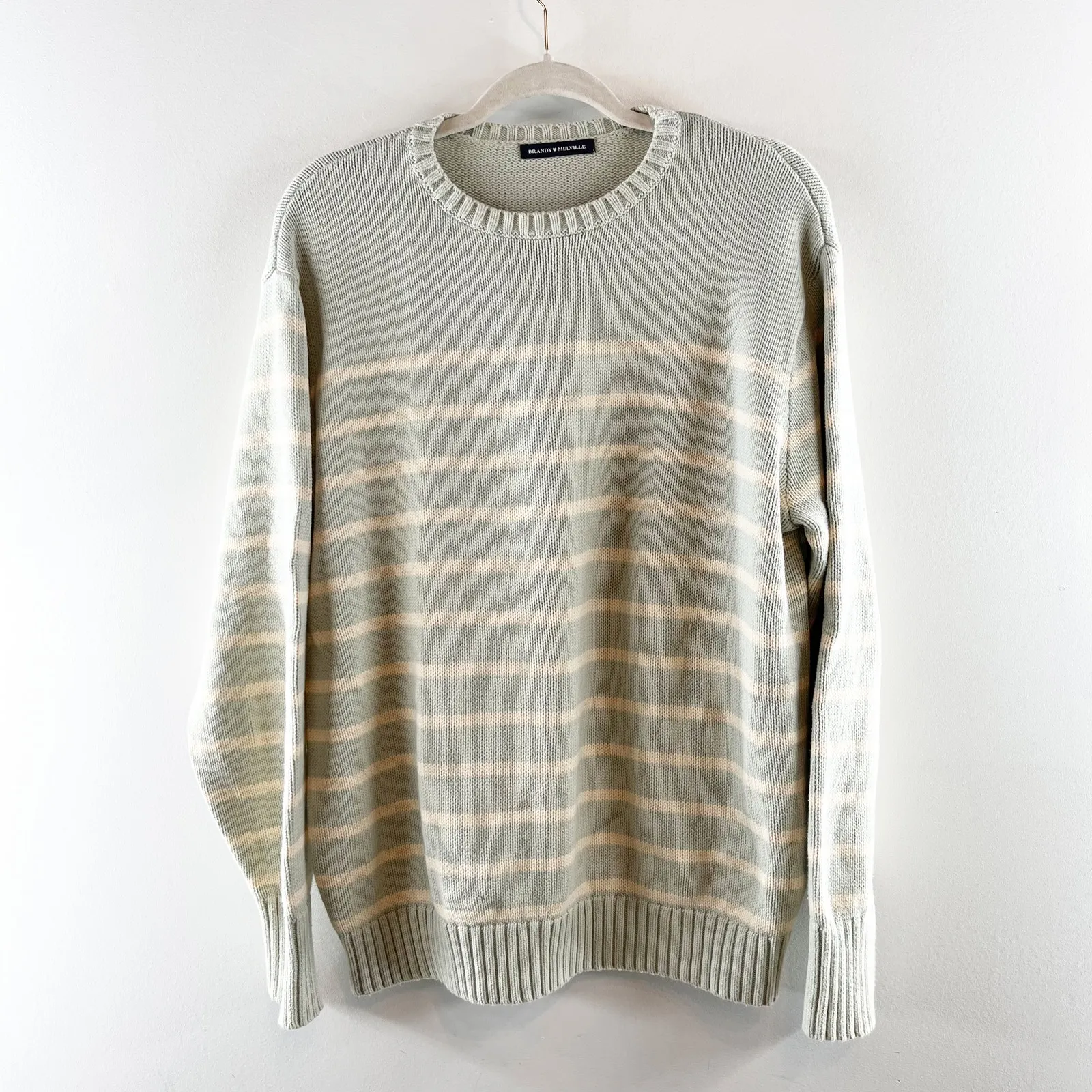 Brandy Melville Crewneck Striped Brianna Cotton Sweater Green One Size - Medium - Image 3