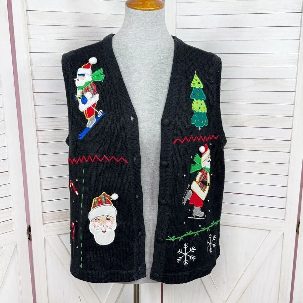 Bechamel Vintage Santa Ugly Christmas Sweater Vest V Neck Button Black Medium - Image 2