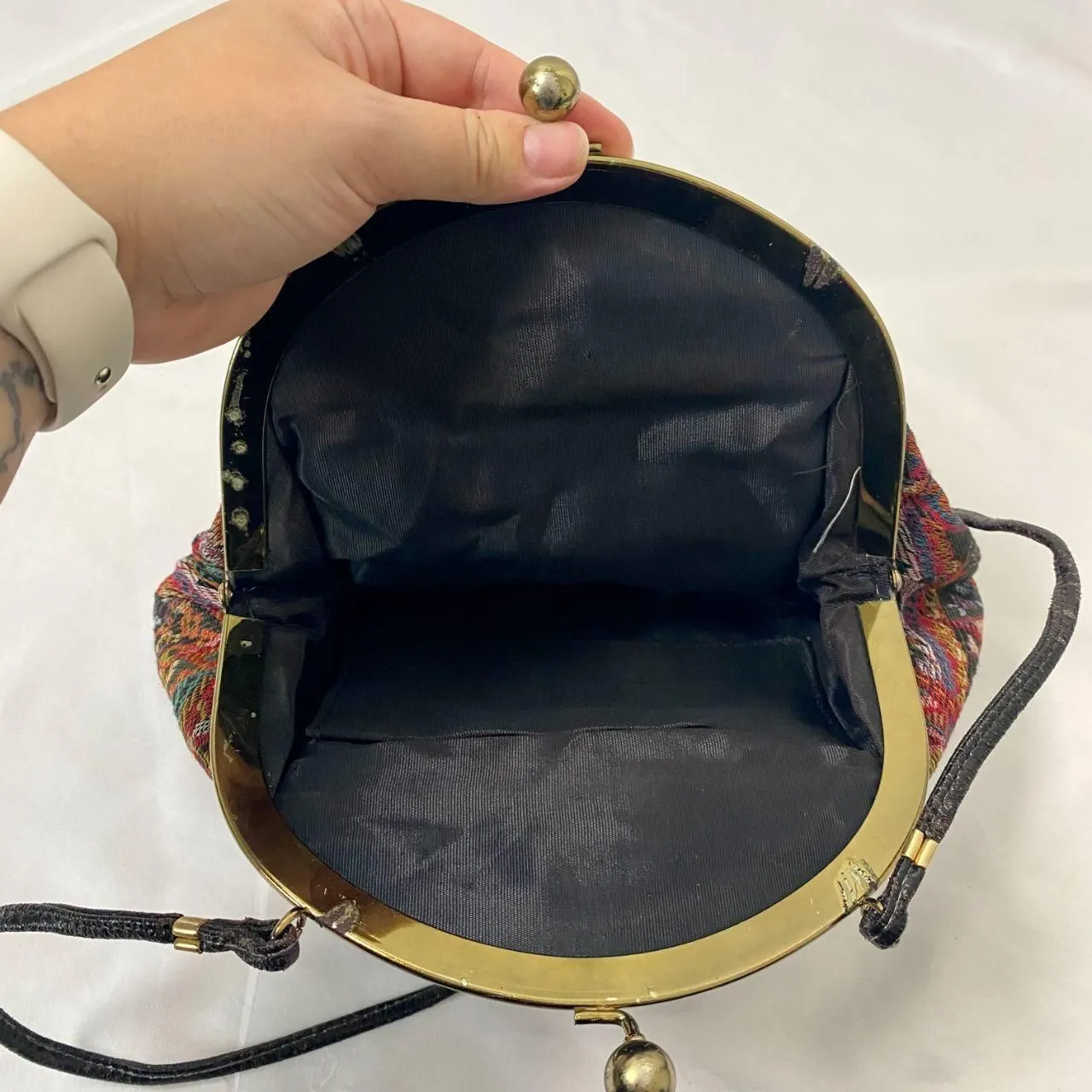 Vintage 70s Burgundy Purple Multi Fabric Tapestry Paisley Kiss Lock Bag Red - Image 6