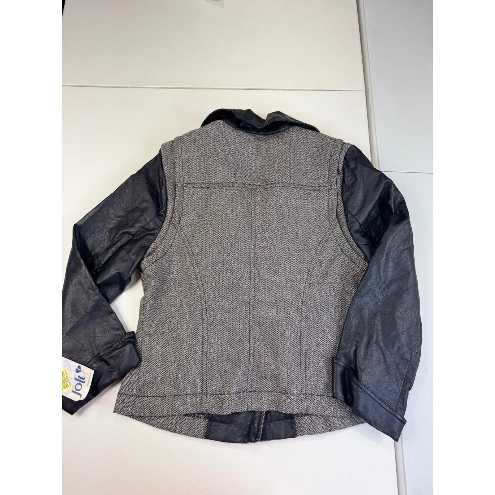 Jolt Moto Jacket Small Herringbone Tweed Faux Leather Sleeves Asymmetrical Zip s - Image 3