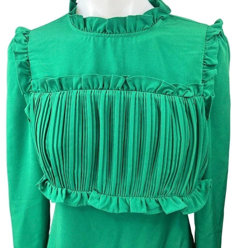 Maje Green Jacqueline Long Sleeve Ruffle Mock Neck Pleated A Line Mini Dress 2 - Image 4