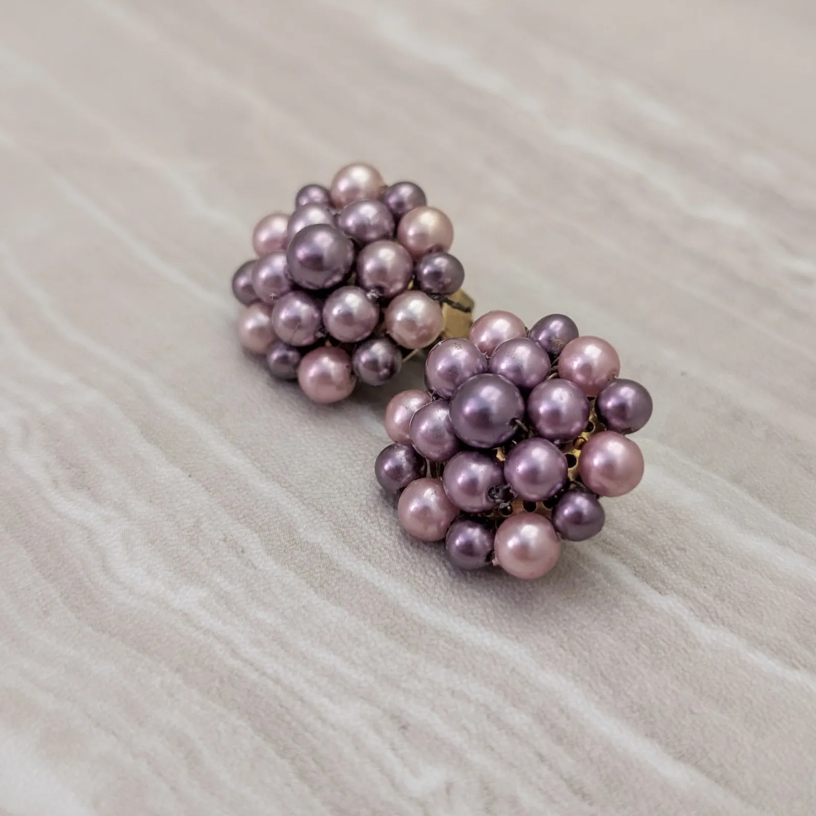 Vintage Clip On Earrings 1" Purple Tones Cluster Style Stylish Retro Japan - Image 3