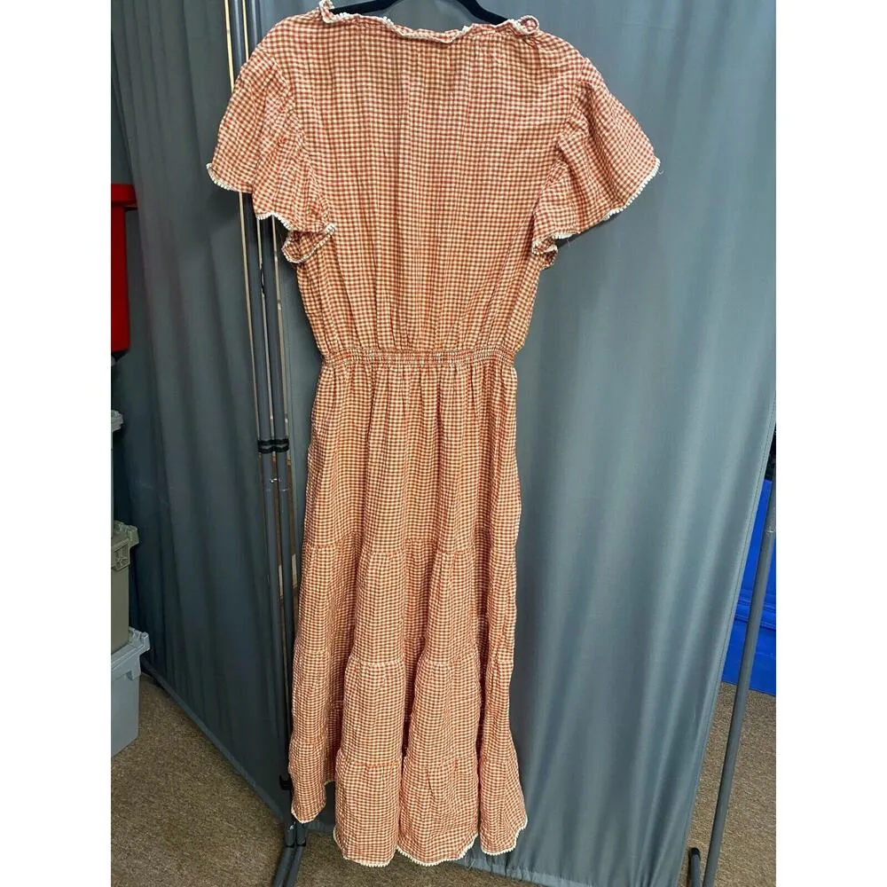 Max Studio Tiered Long Maxi Dress Womens Large Brick Gingham Flutter Sleeve B98 - Image 4