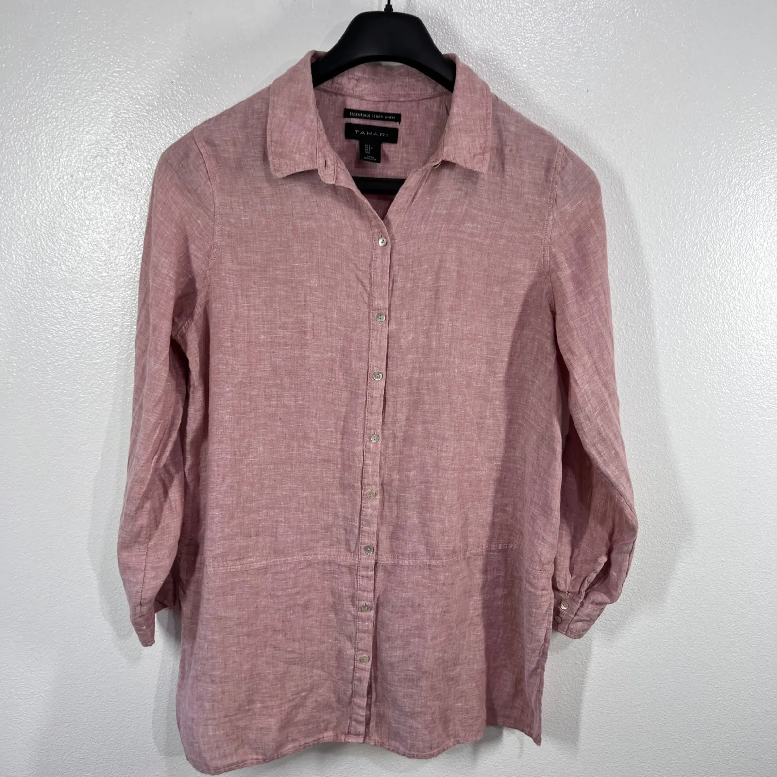 Tahari Essentials Pink 100% Linen Button Front Roll-Tab Blouse Top Womens‎ Large - Image 2