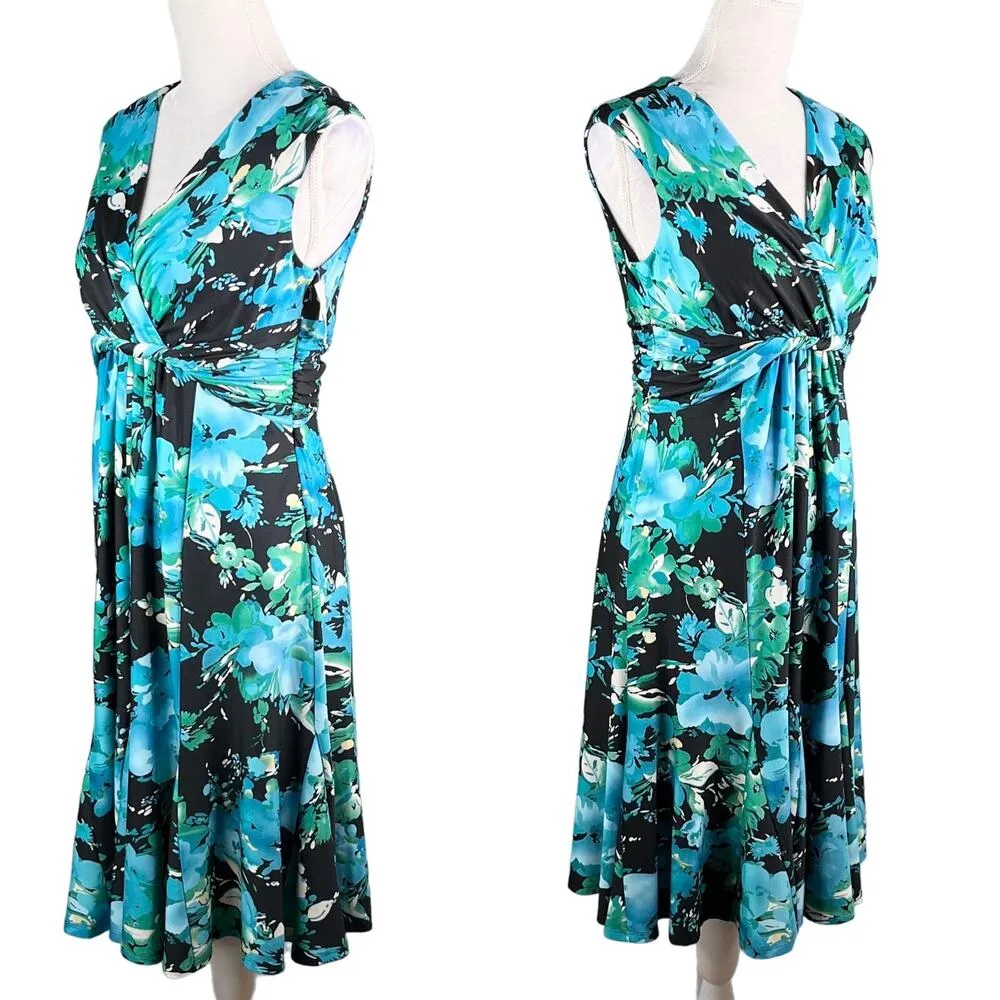 Jones Studio Dress Blue Green Floral 8 V-Neck Sleeveless Side Zip New - Image 3