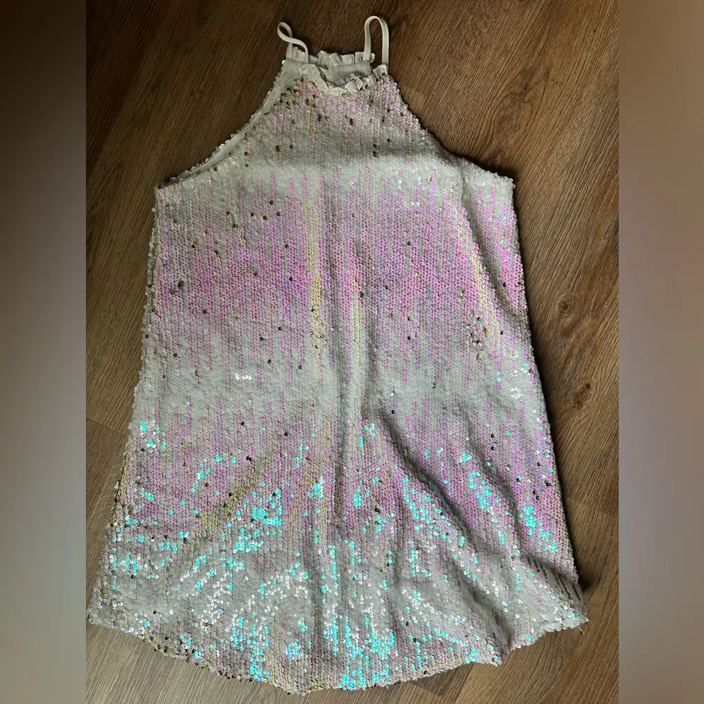 TCEC White and pink sequin halter high mini neck dress.  Size small. - Image 6