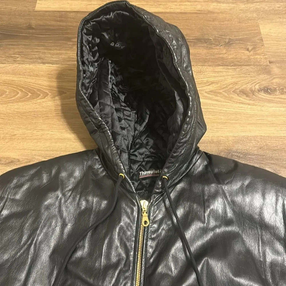 90s Wilson Black Leather Coat Belted Leather Drawstring Jacket with Hood Small - Image 7