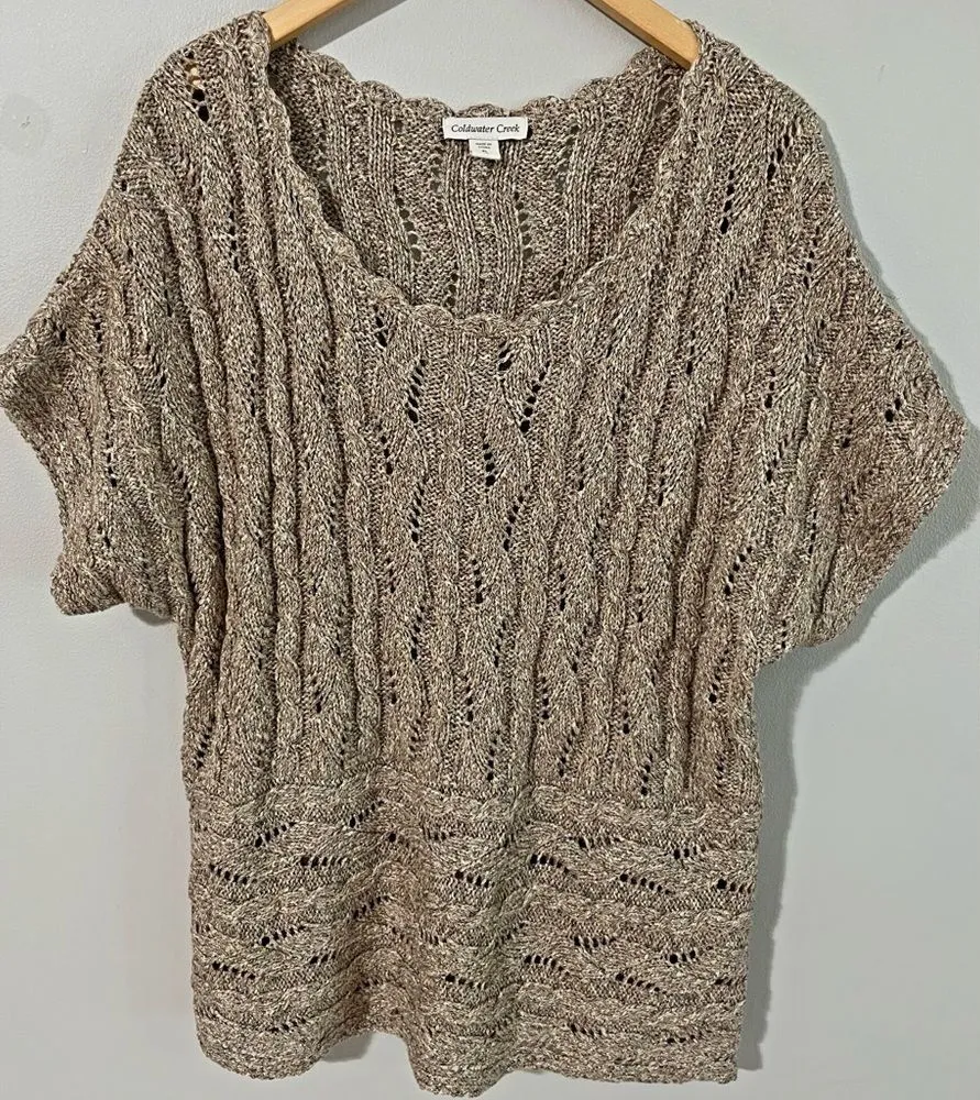 Coldwater Creek Metallic Knit Short Sleeve Sweater Top Tan Gold XL - Image 1