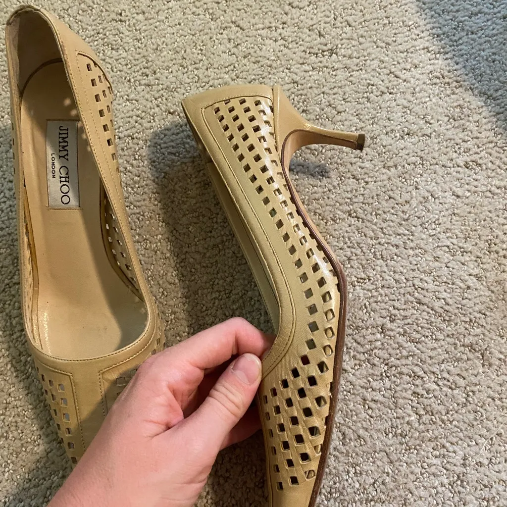 Authentic Jimmy Choo perforated leather kitten heels tan - Image 4