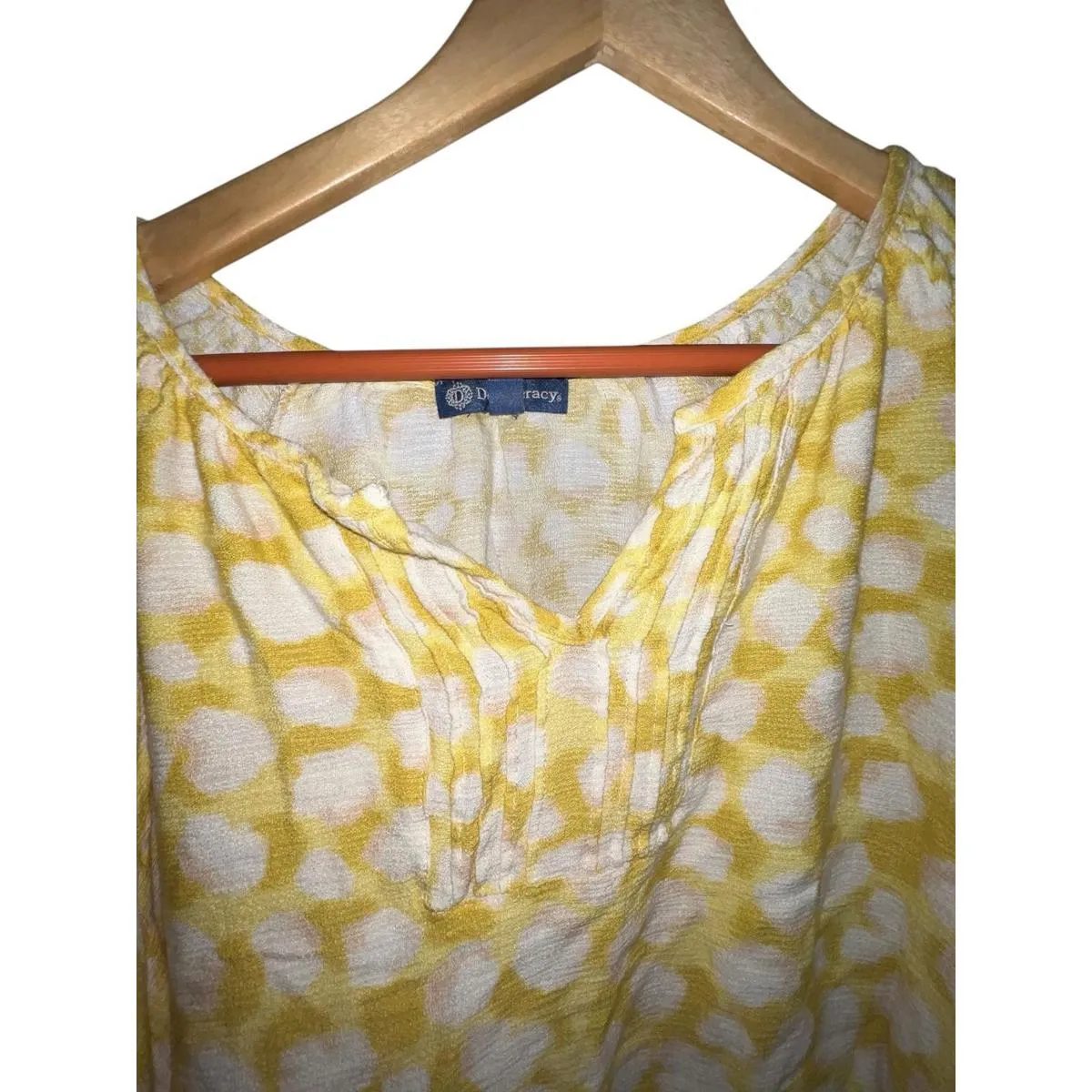 Democracy Yellow White Dot Peasant Blouse Boho 3/4 Sleeve Top Women’s Large - Image 2