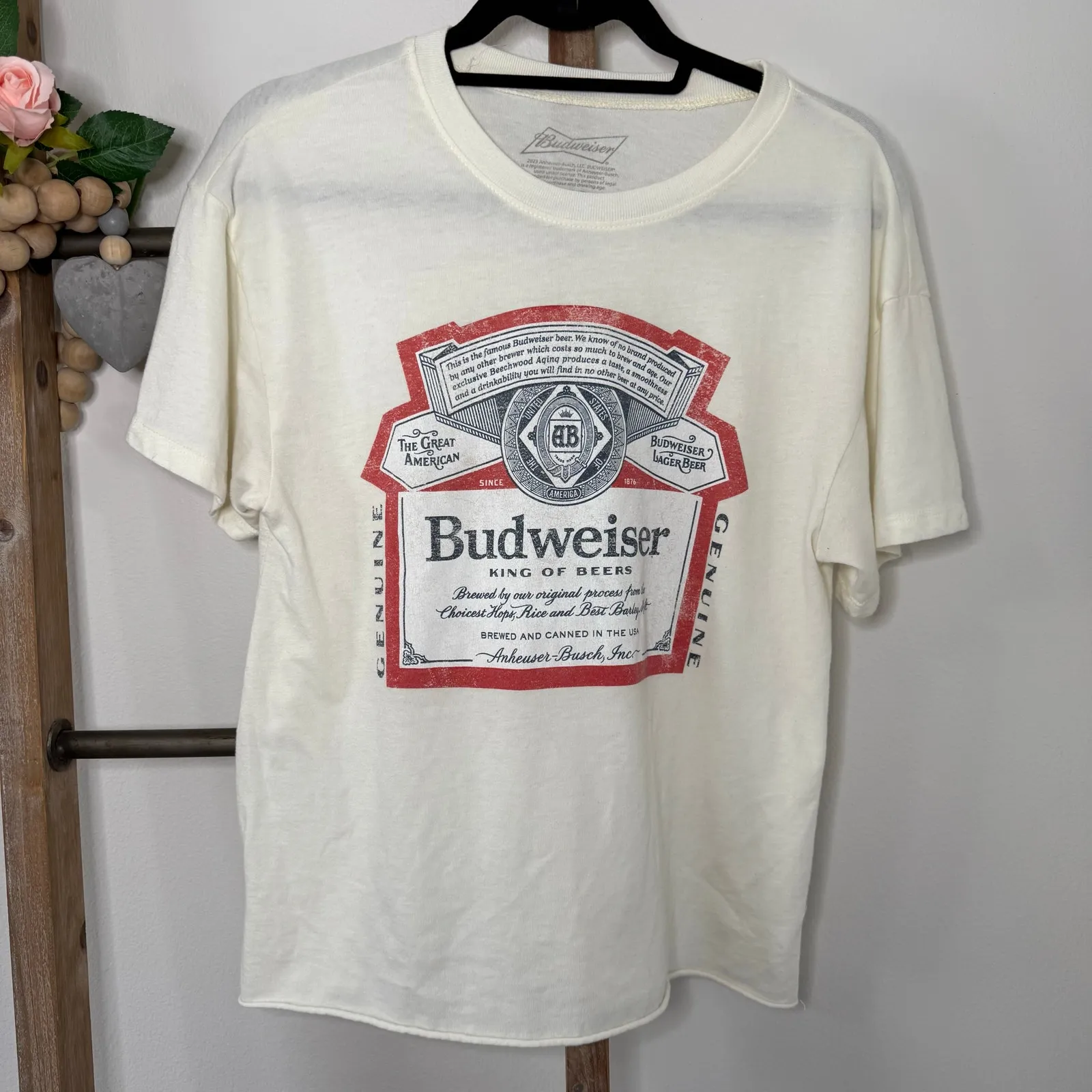 Budweiser‎ Cream Short Sleeve T Shirt Sheer Size Large - Image 2