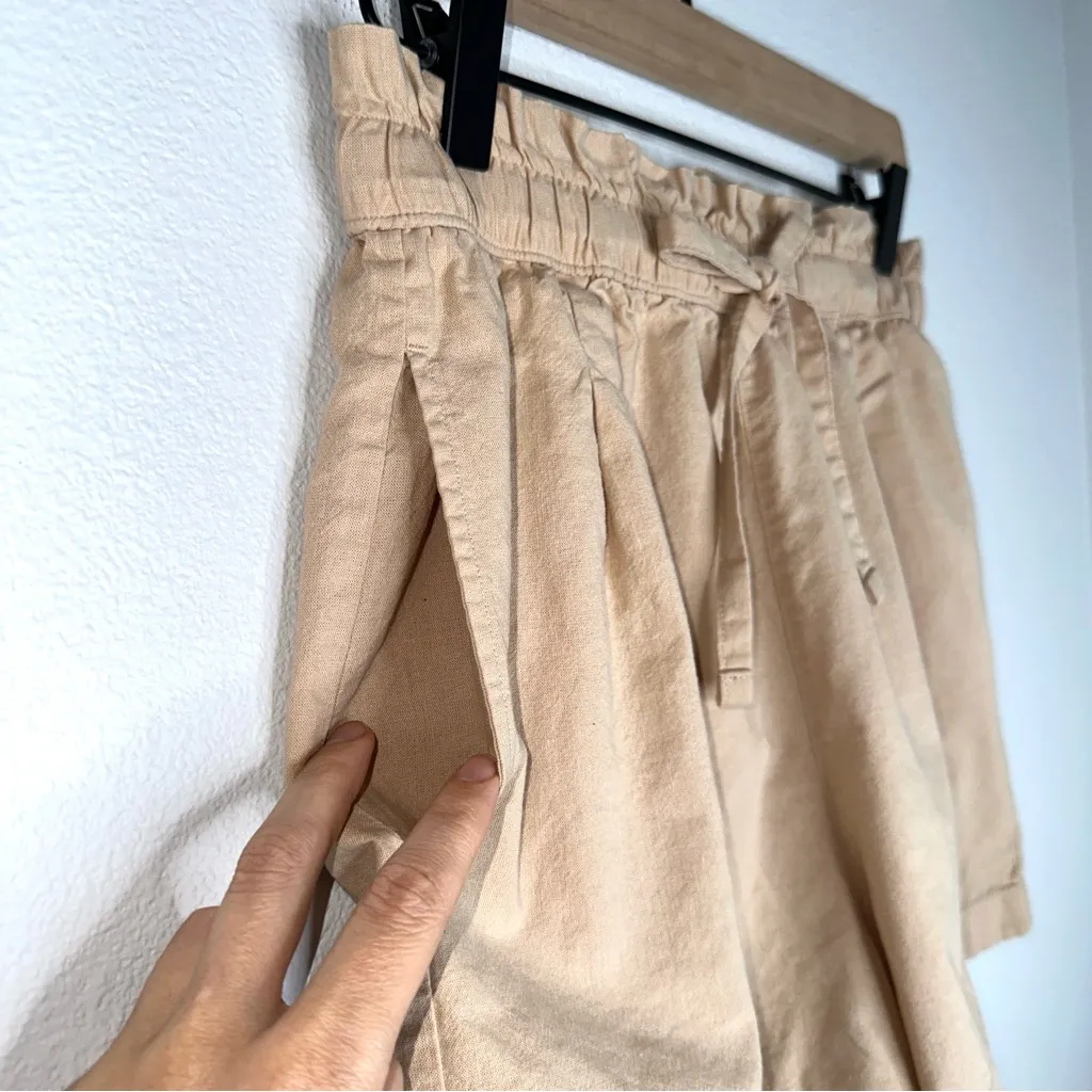 Uniqlo 100% Cotton Linen Shorts Paperbag Drawstring High Waist Tan Sz S 26" - Image 2