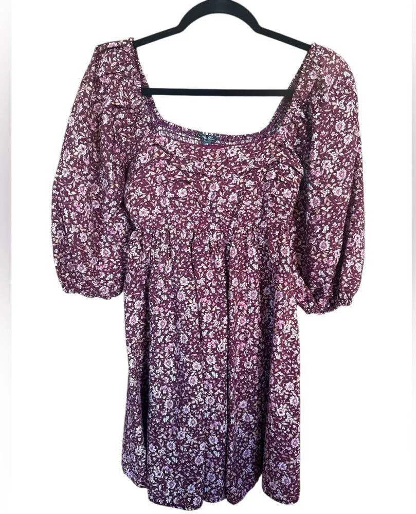 Juniors’ Lily Rose Pleated Bodice Skate Dress XS Wine Floral Puff Sleeve Peasant - Image 3