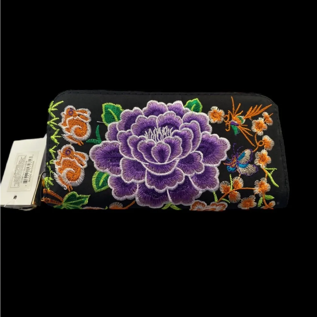 Purple Floral Embroidered‎ Women’s Wallet Black - Image 2