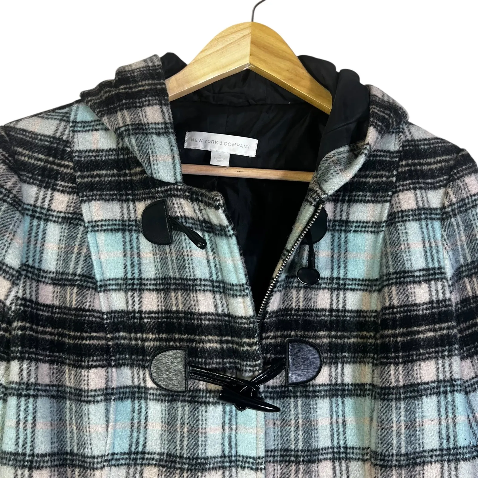 New York Company Plaid Duffle Coat Hooded Wool Toggle Button Women's Medium Black - Image 2