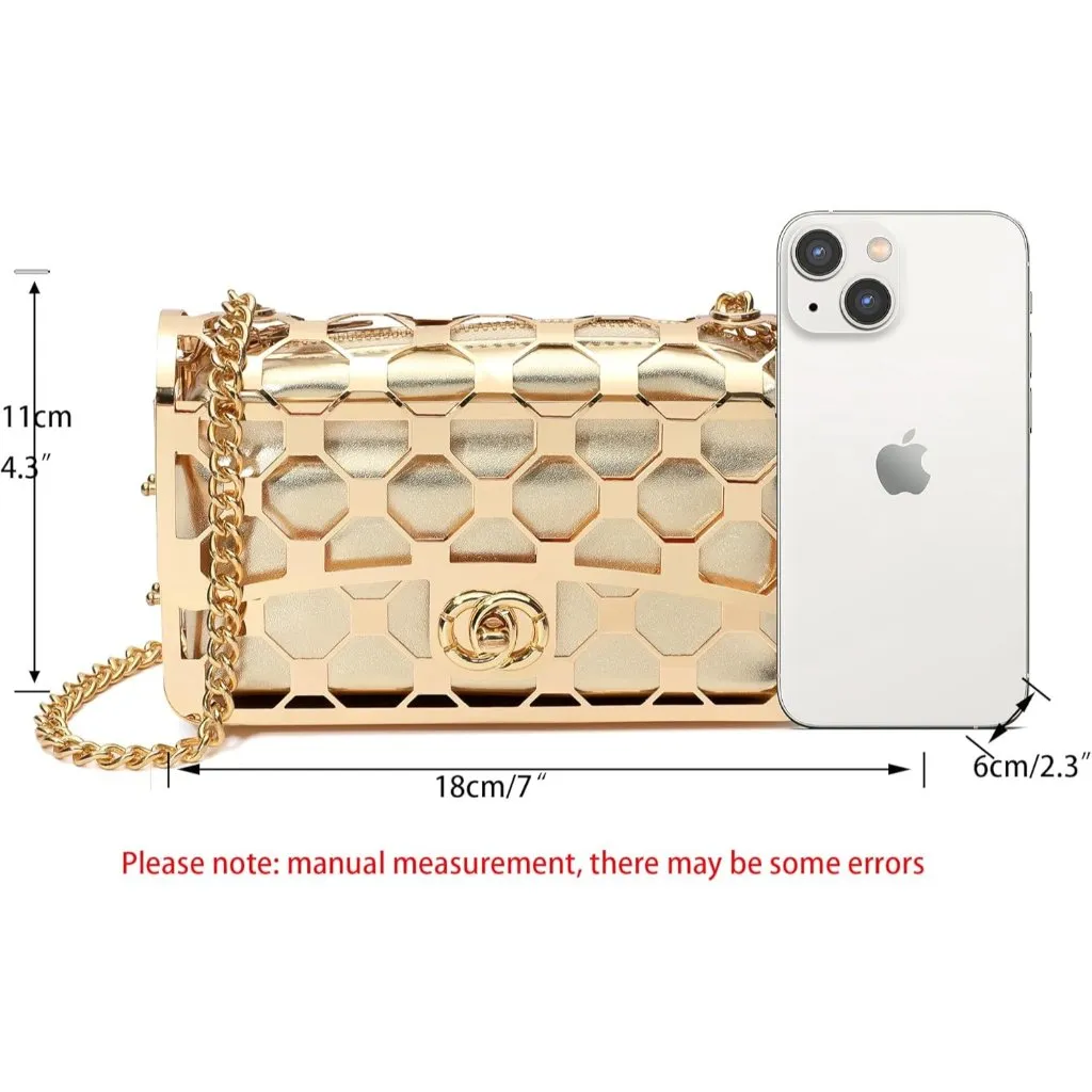 ⚡ Women's Gold Evening Elegant Exquisite Metal Hollow Clutch Crossbody Handbag - Image 3