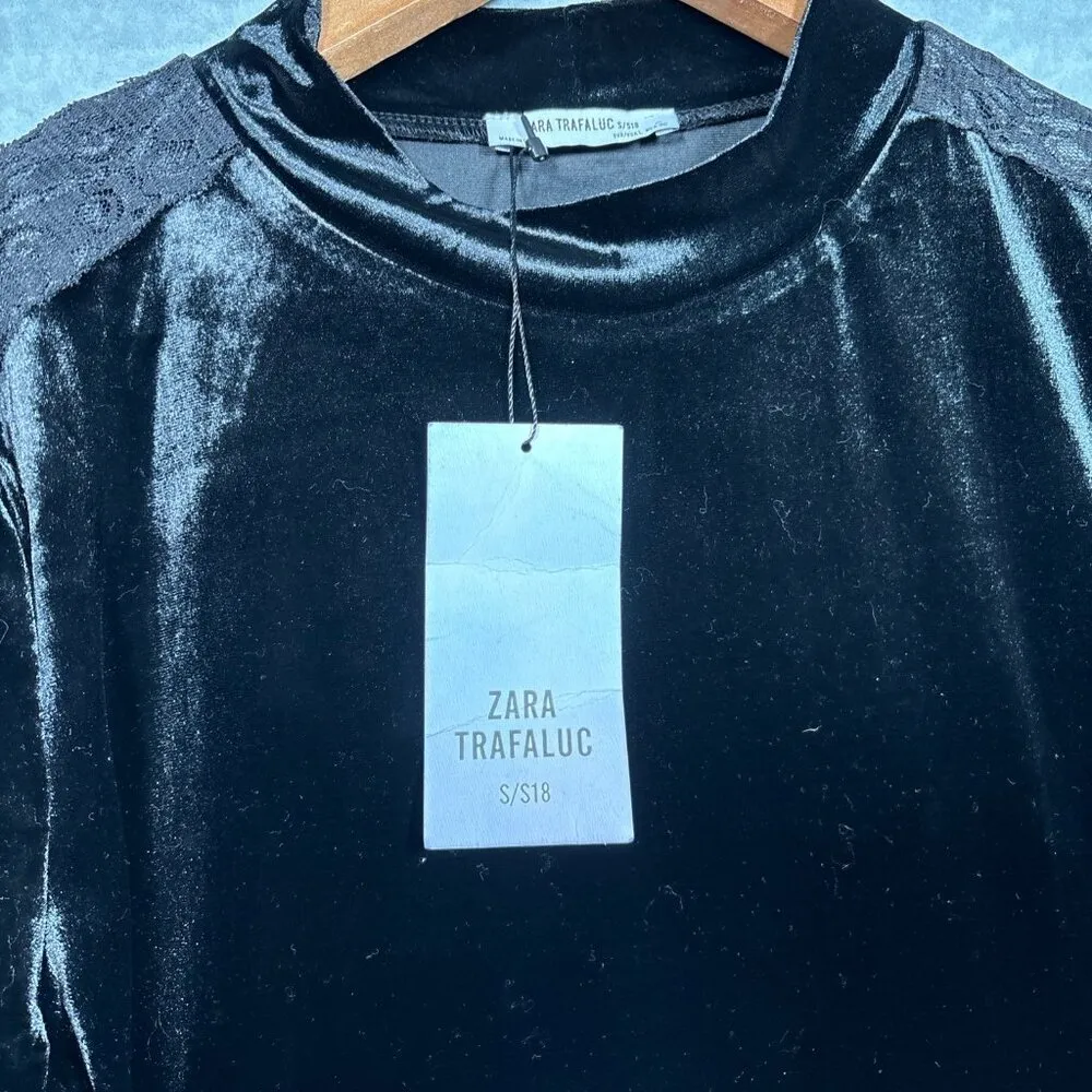 Zara Trafaluc Black Velvet Peplum Top With Lace Detail S‎ - Image 4