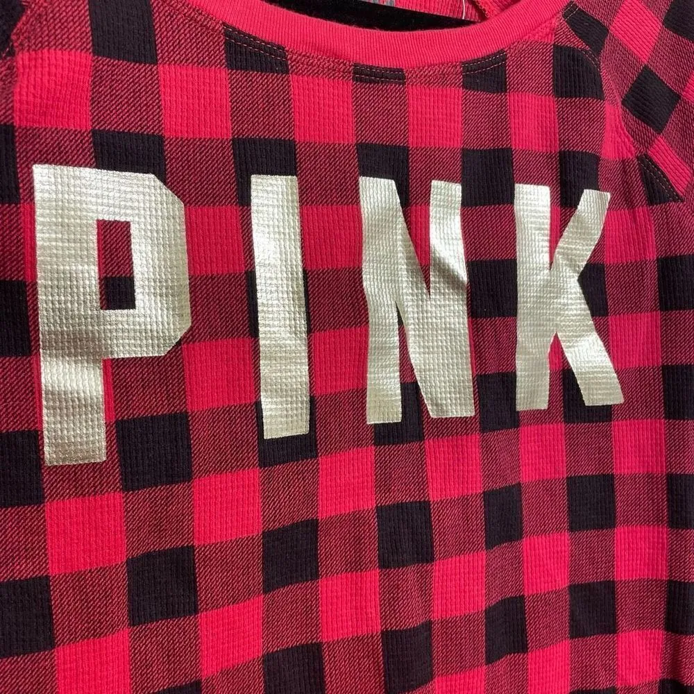PINK Victorias Secret black red checkered gold logo long sleeve sleep shirt, XS - Image 3