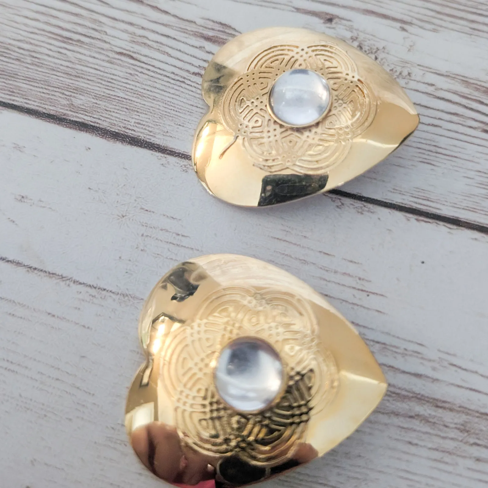 Vintage Clip On Earrings Large Gold Tone Heart with Design & Clear Gem Statement - Image 4