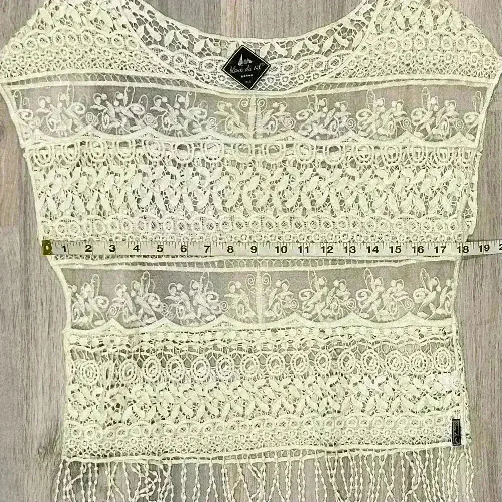 Blanc du Nil Sheer White Crochet Lace Sleeveless Top Swim Cover Up Fringe Size M Size M - Image 5