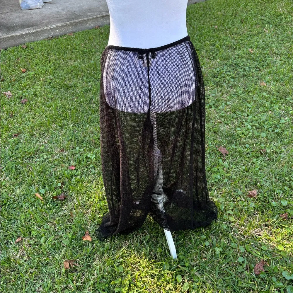 Black Sequined Mesh Wide Leg Pants Swimsuit Cover Festival Wear XL - Image 4