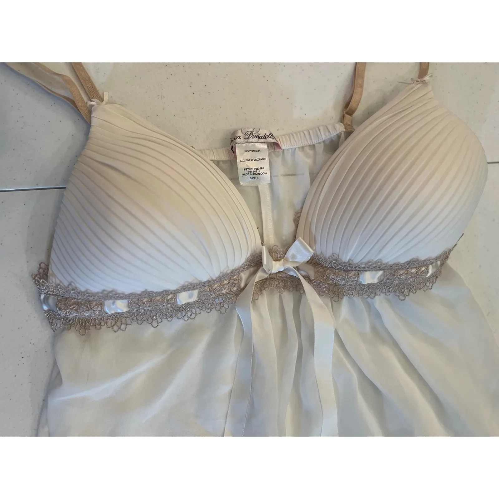 Y2K Linea Donatella Babydoll Lingerie Lace Trim Ribbon Bow‎ Detail Ivory L - Image 3