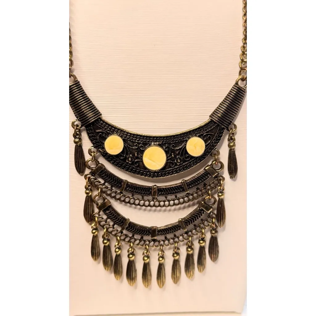 Boho Statement Necklace With Yellow Accent Stones & Bronze Finish - Image 4