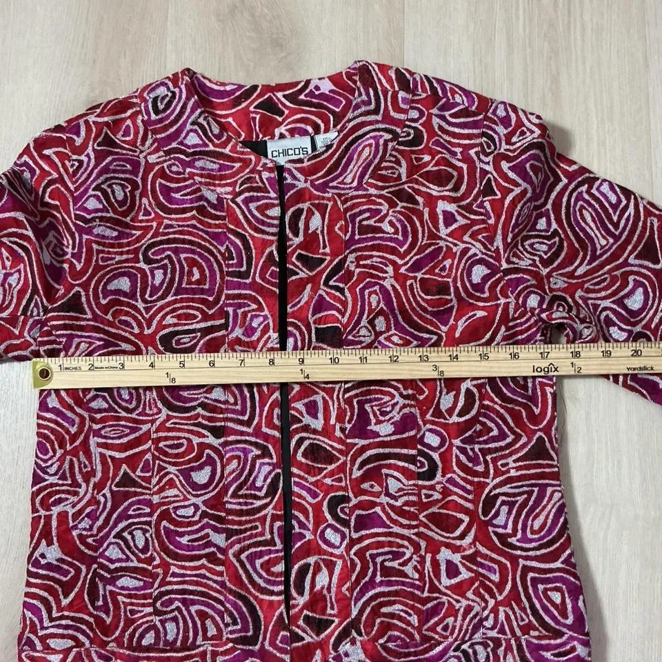 Chicos Embroidered Silk Jacket Women's Size D Red Pink Geometric 3/4 Sleeve - Image 4