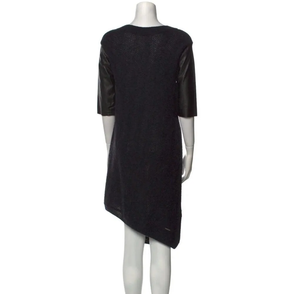 Costume National Wool Alpaca V Neck fall boho Knit Dress formal Leather Sleeves Gray Size M - Image 3