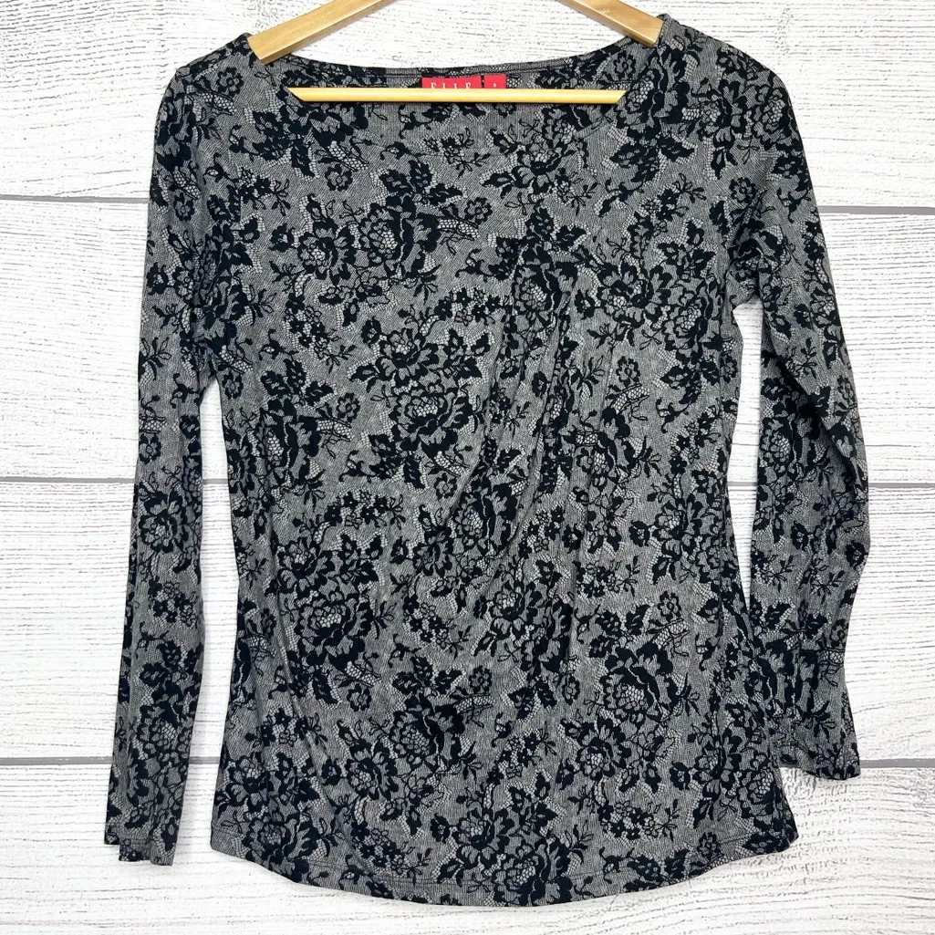 ELLE Black & Gray Pima Cotton & Modal Floral Pleated Long Sleeve Top Size Small - Image 2