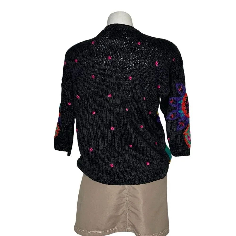 FORENZA Hand Knit Sweater Black Bright Colored Floral Womens Size Small VINTAGE - Image 2