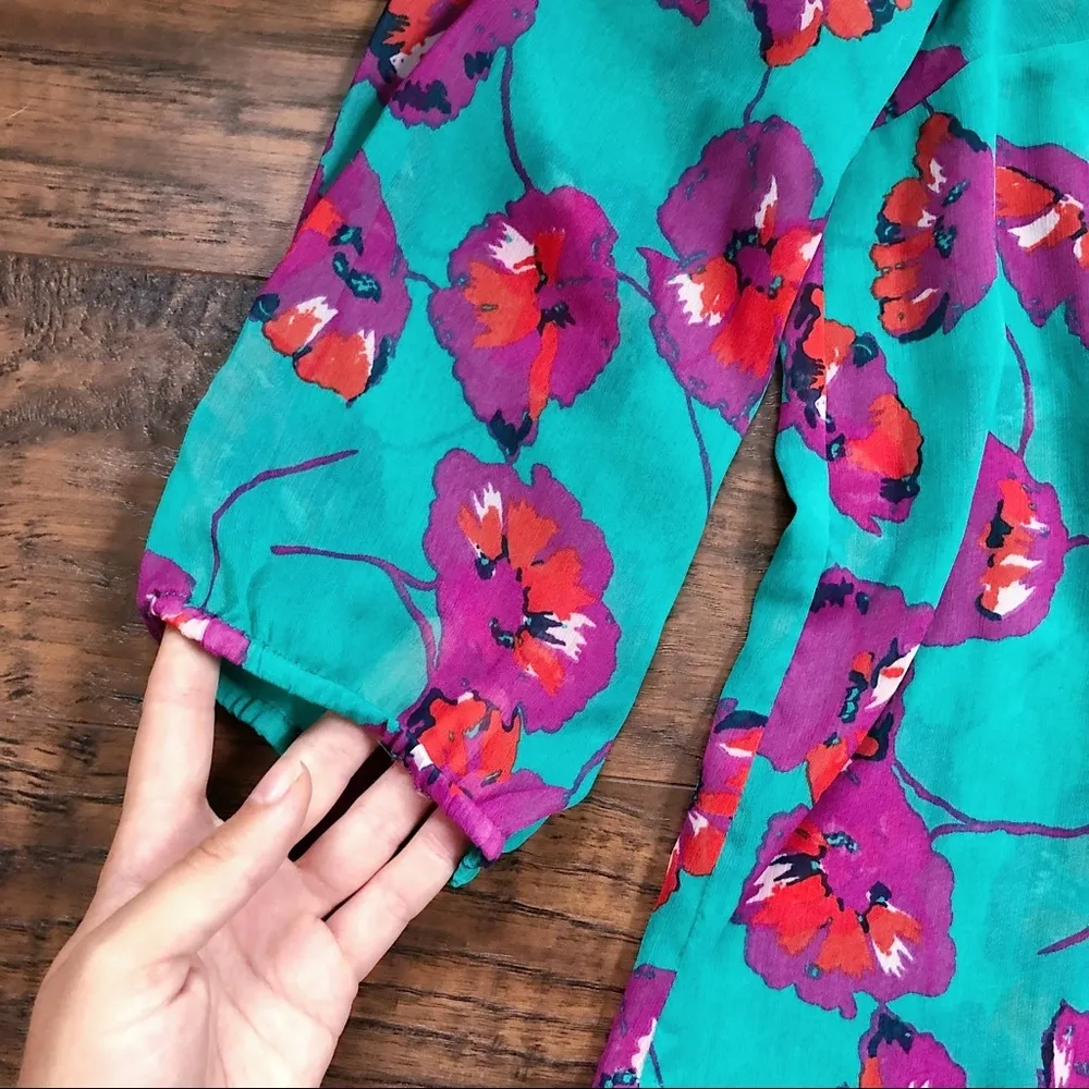 ModCloth • Jade Floral poppy print Peter Pan collar blouse chiffon bow tie neck - Image 8