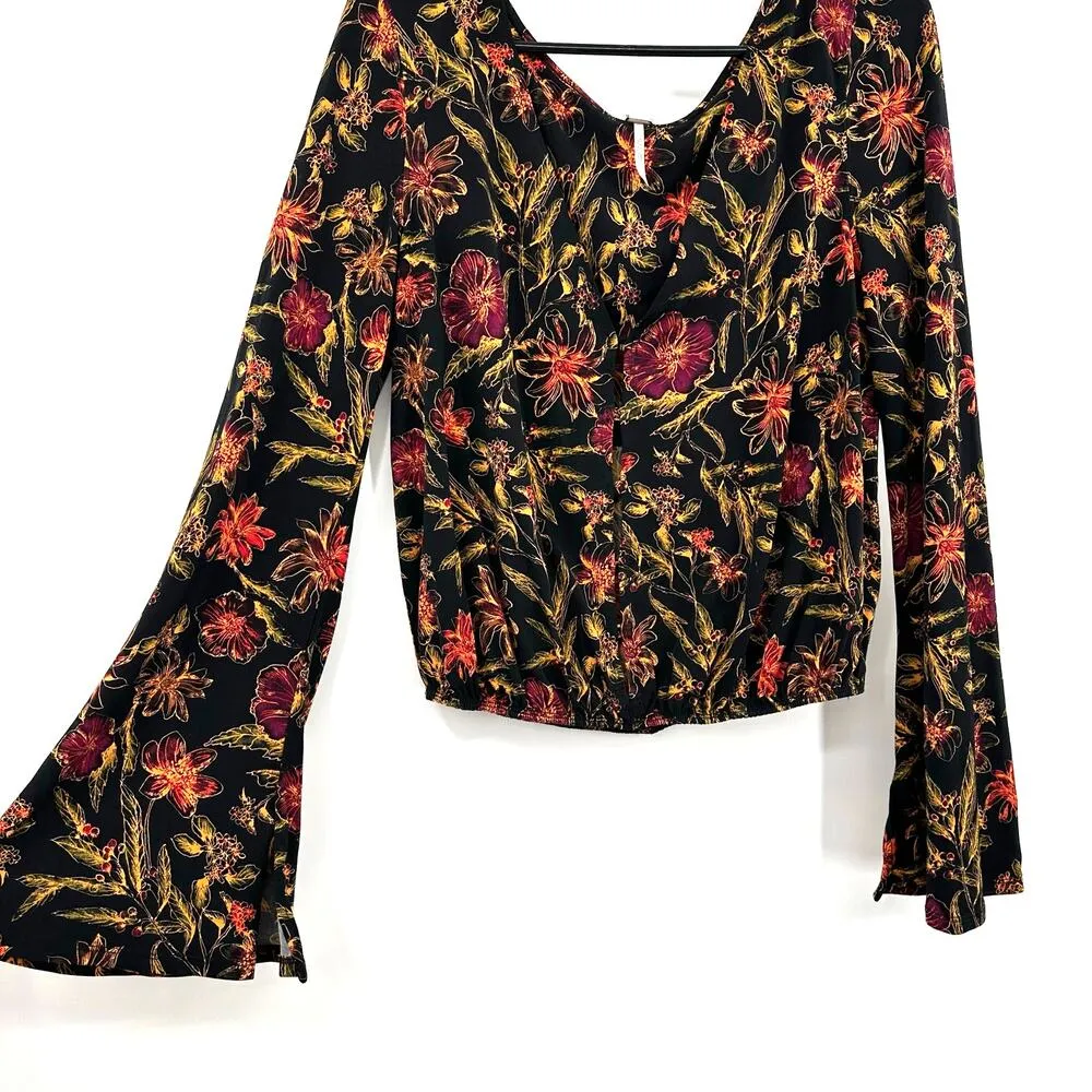 Free People Size M Scoop Neck Long Bell Sleeve Top Black and Yellow Floral Print - Image 3