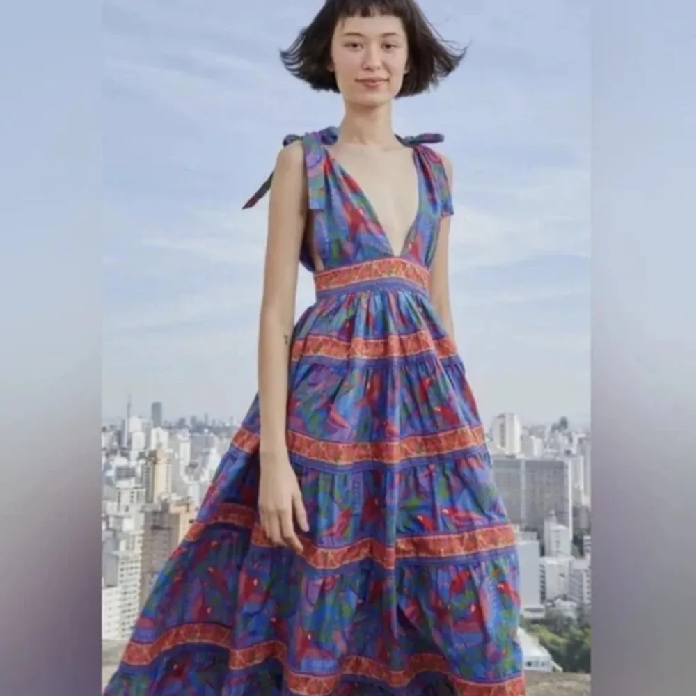 HOUSE OF HARLOW 1960 Tahiti Parrot Maxi Dress Womens Blue Tiered V - Image 2