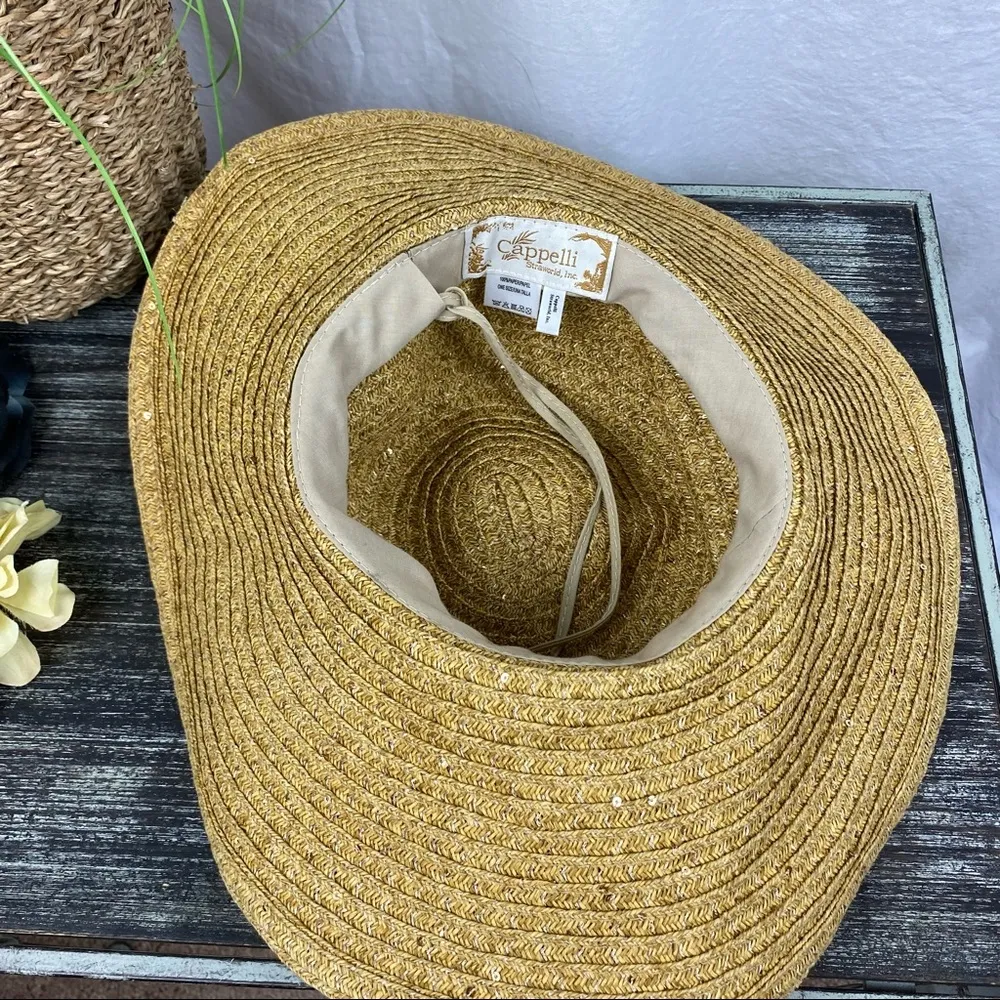 Cappelli Tan & Gold Woven Summer Wide Brim Straw Hat OS - Image 2